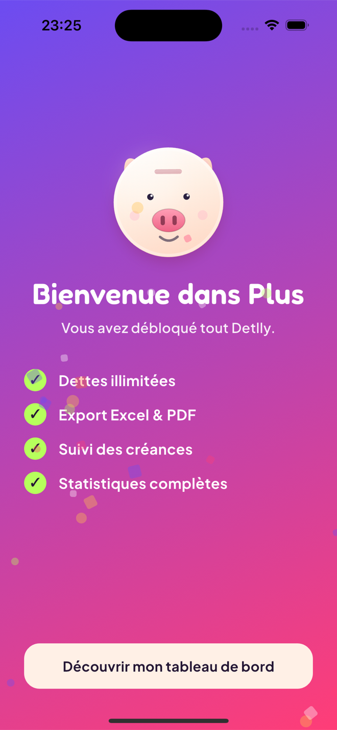 Écran de célébration de Detlly avec des confettis à chaque dette remboursée
