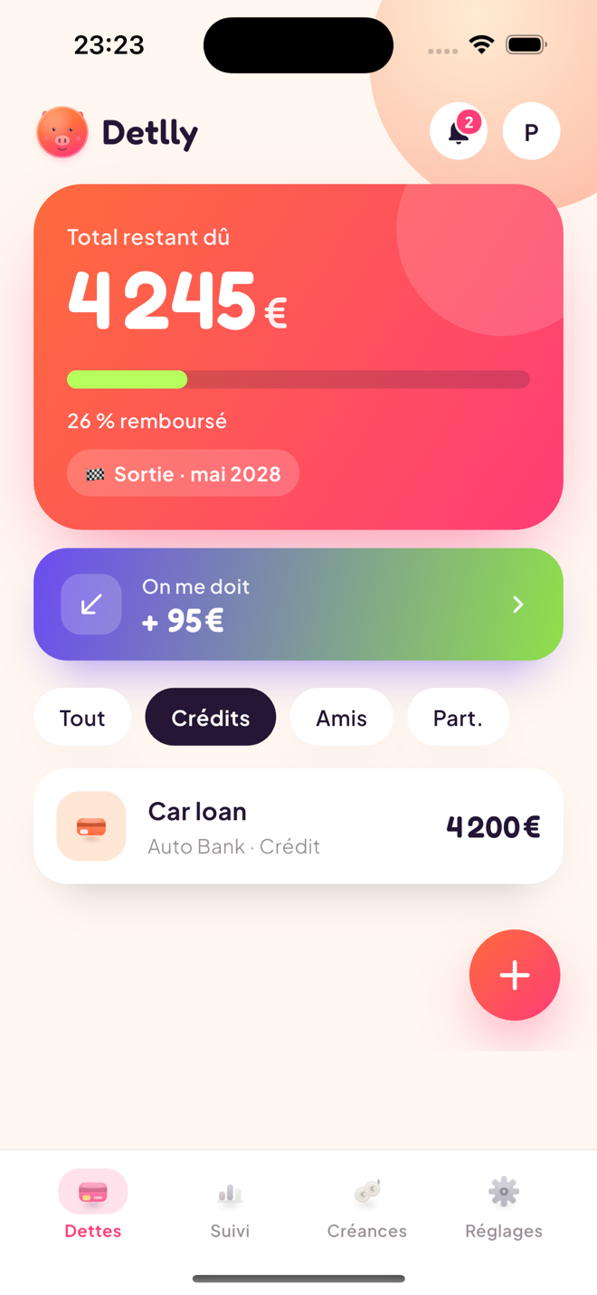 Écran d'accueil de l'application Detlly montrant le total des dettes et la date de sortie de dette